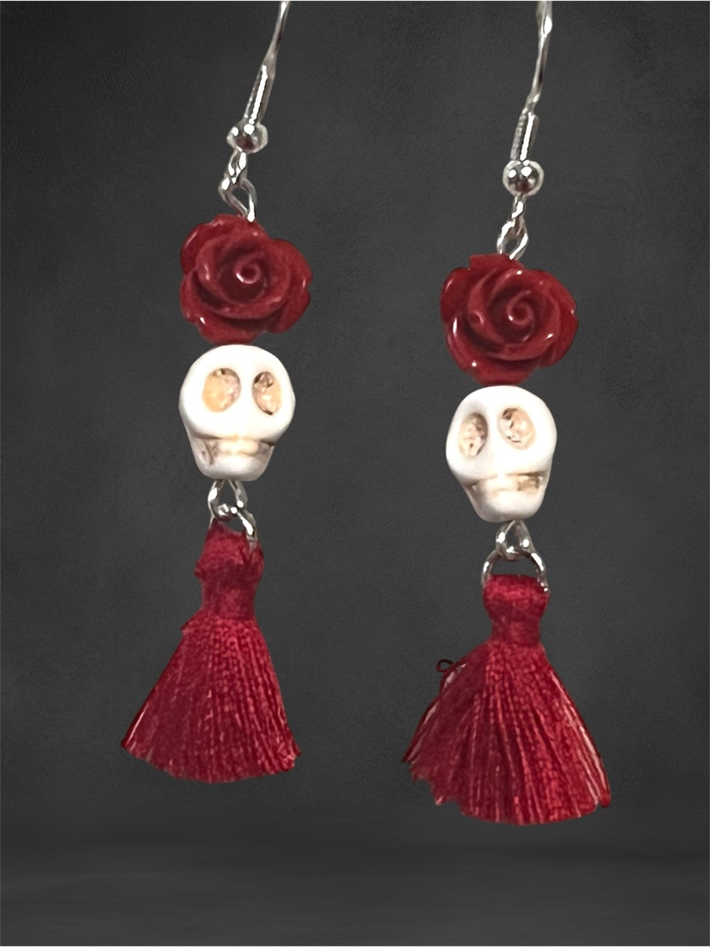 Red Rose & Skull Tassel Earrings - Women Jewelry - Picture 2 of 3